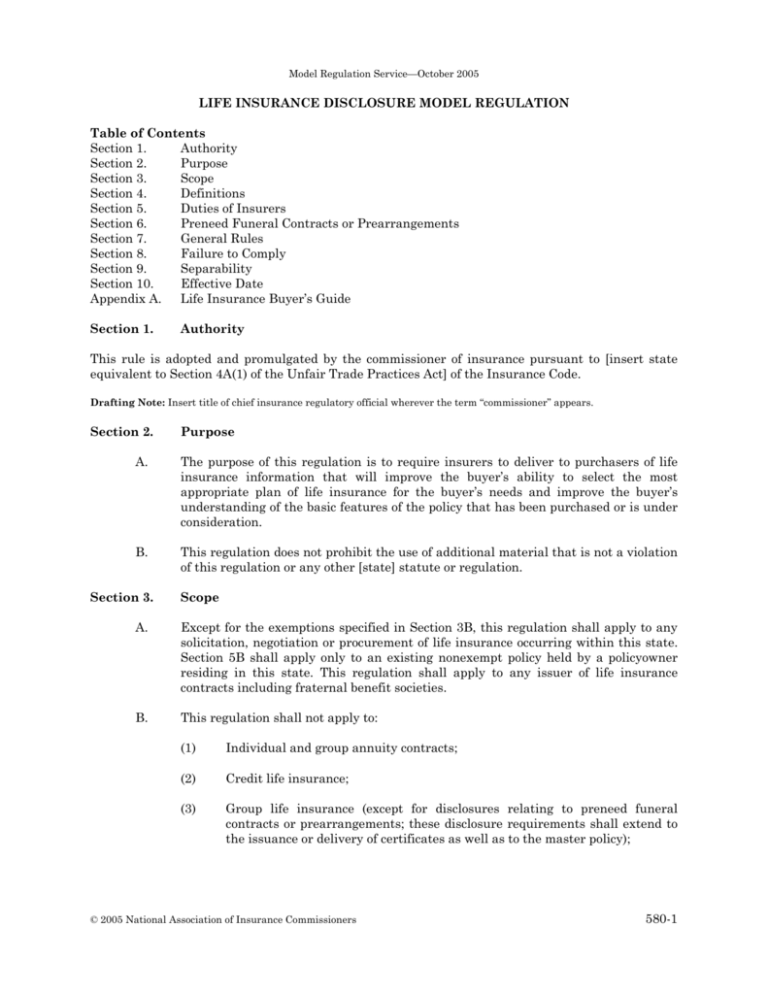 Life Insurance Disclosure Model Regulation 3199