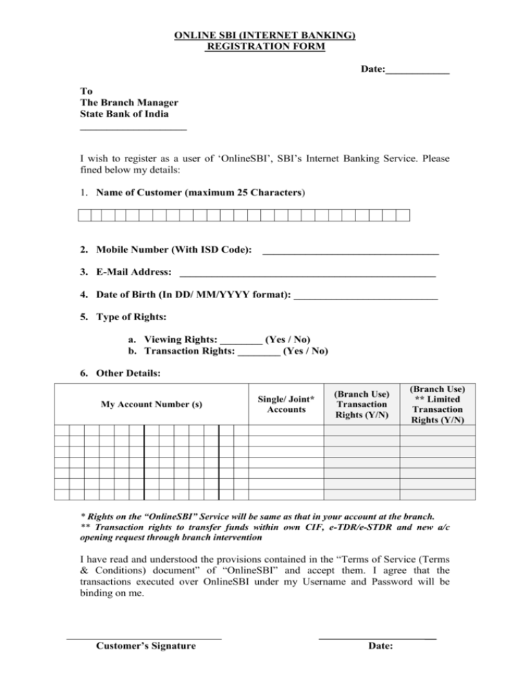 registration form State Bank of India