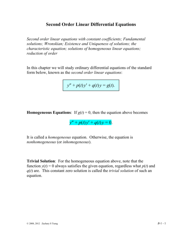 Second Order Linear Differential Equations Y P T Y Q T Y G T