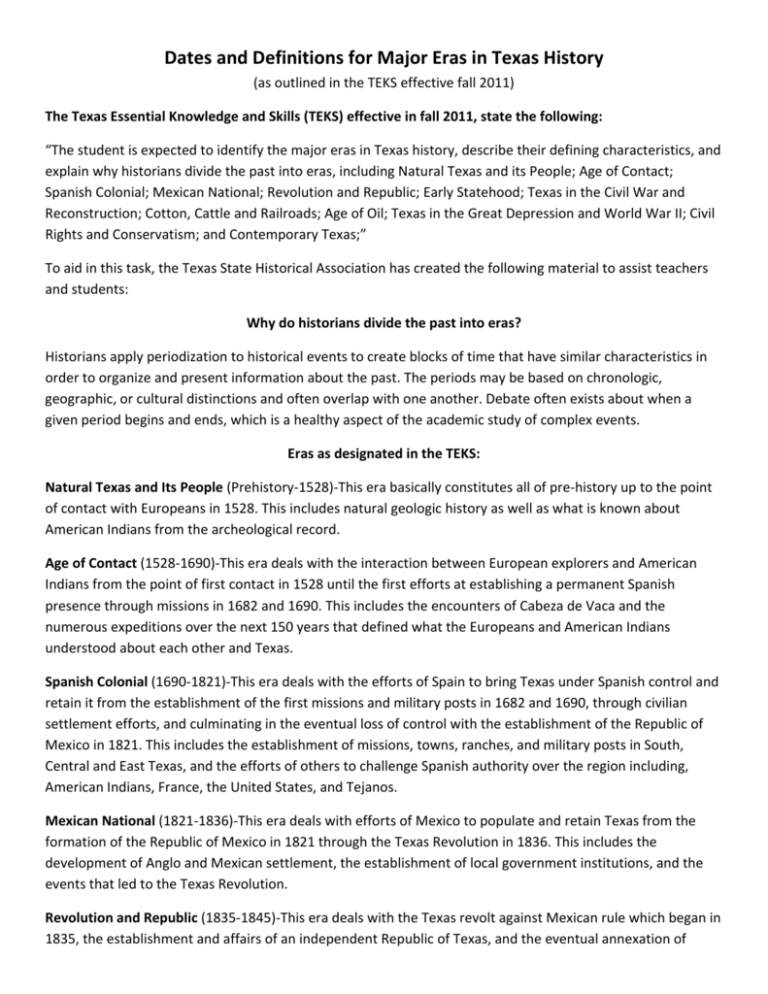 Dates and Definitions for Major Eras in Texas History