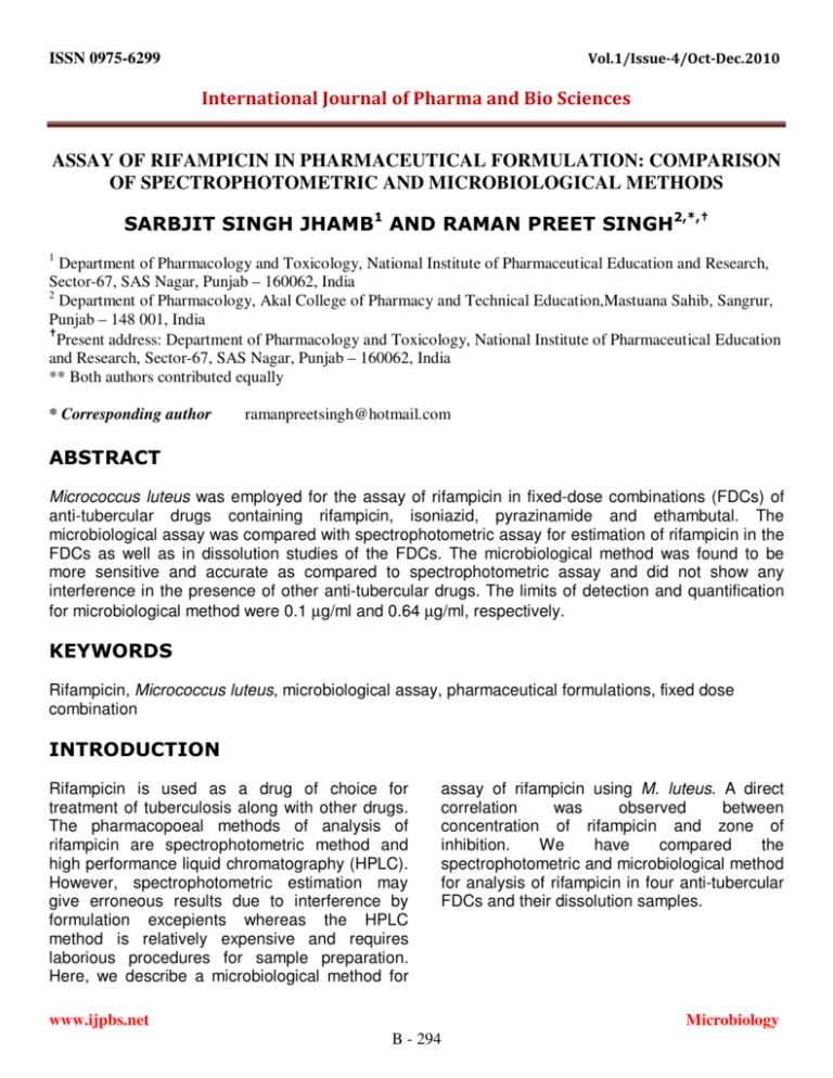 Assay Of Rifampicin In Pharmaceutical Formulation
