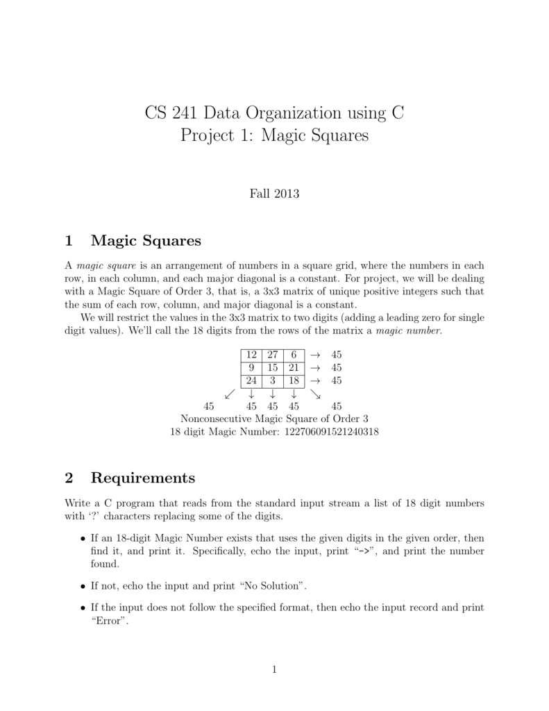 Cs 241 Data Organization Using C Project 1 Magic Squares