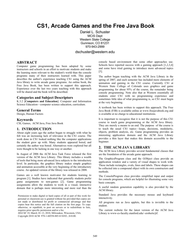 CS1, Arcade Games and the Free Java Book