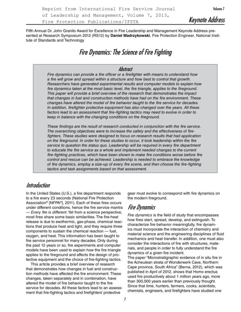 Fire Dynamics The Science of Fire Fighting Keynote Address