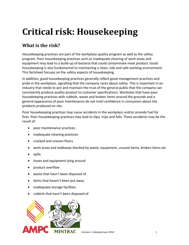 Critical risk Housekeeping Workplace Health and Safety