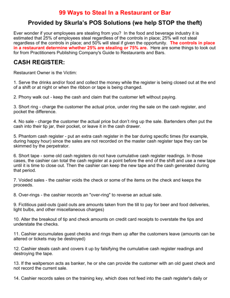 99 Ways To Steal In A Restaurant or Bar