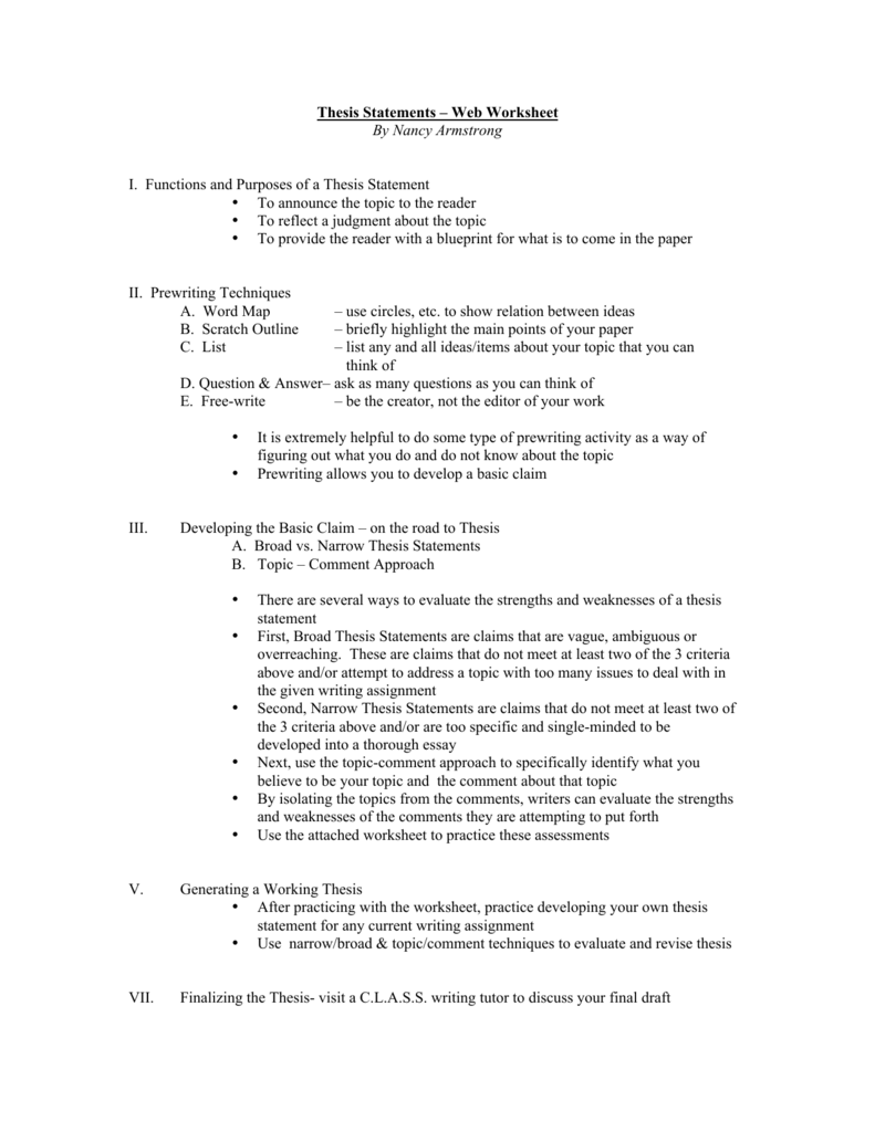 Thesis Statements – Web Worksheet By Nancy Armstrong I Inside Identifying Thesis Statement Worksheet
