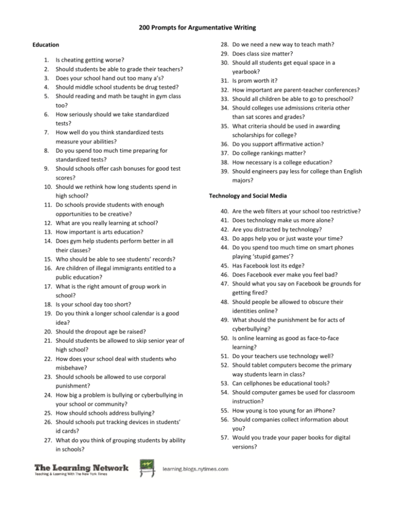 200 prompts for argumentative writing new york times