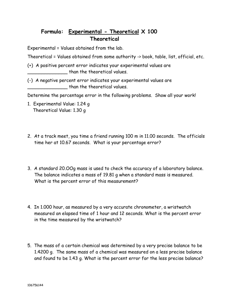 Percent Error Worksheet Pertaining To Accuracy And Precision Worksheet Answers