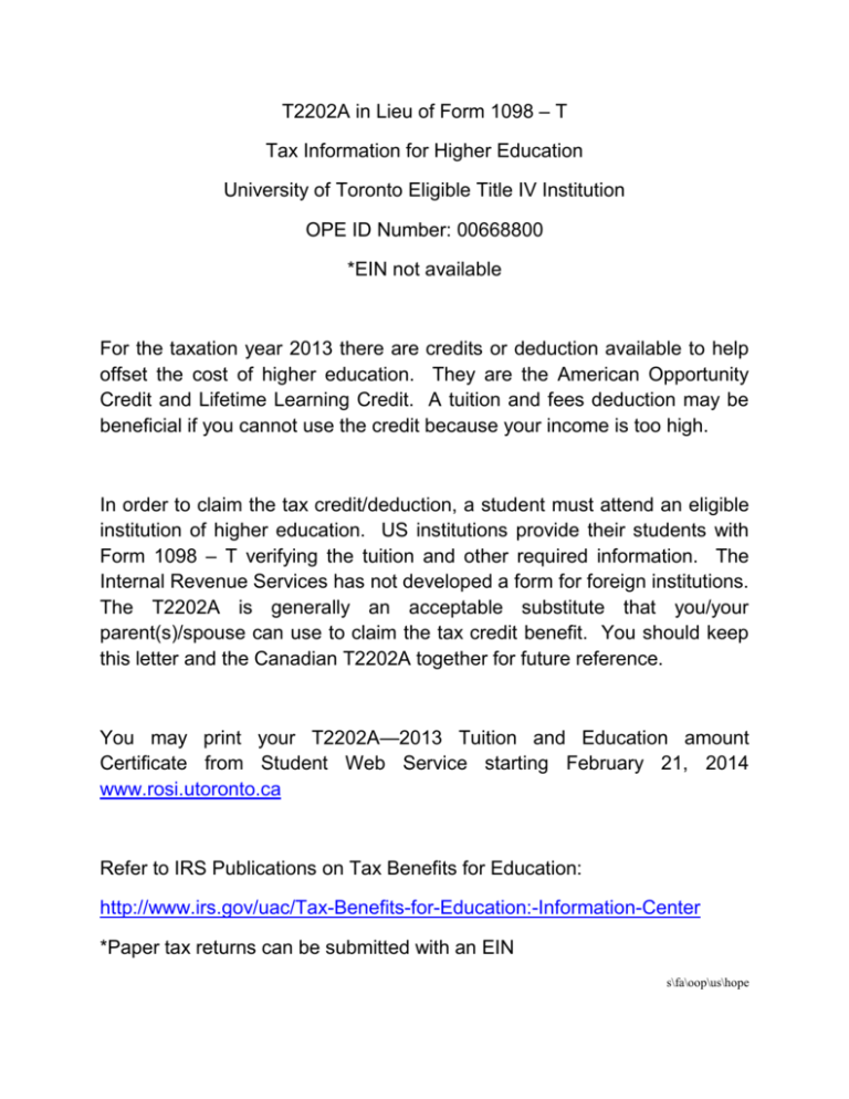 T2202A in Lieu of Form 1098 T Tax Information for Higher