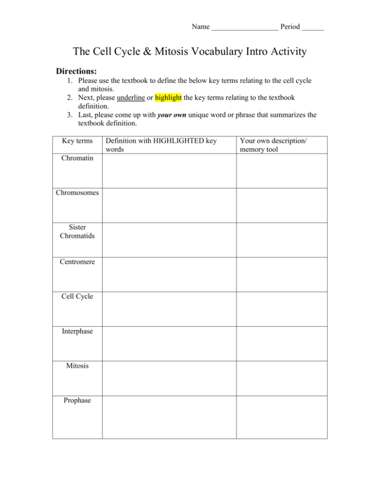 The Cell Cycle & Mitosis Intro Activity