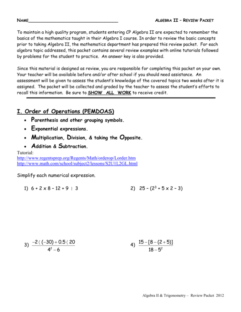 ALGEBRA II – SUMMER PACKET