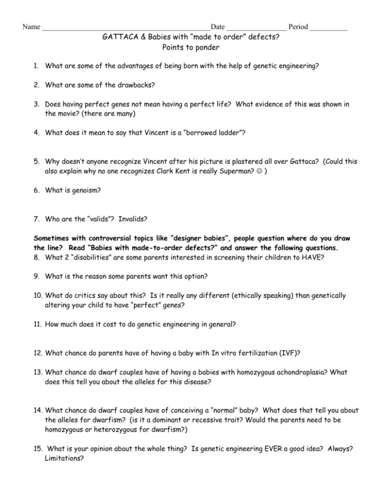 Gattaca & Designer Babies Questions