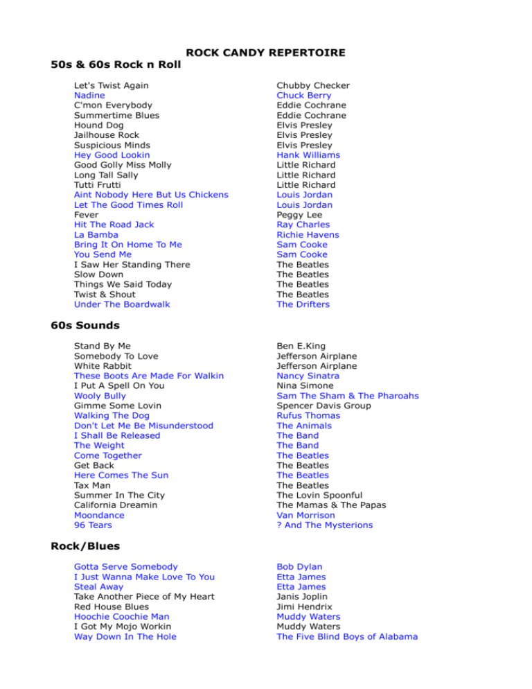 Rock Candy Song List