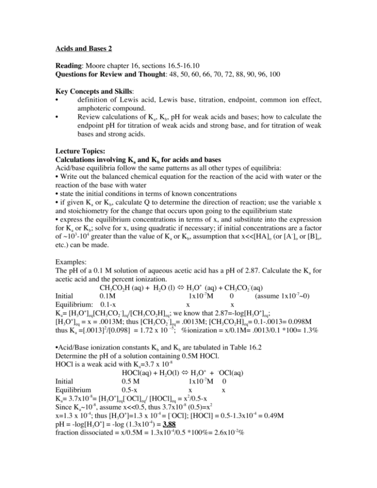 Acids And Bases 2 Reading Moore Chapter 16 Sections 16 5