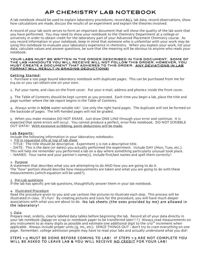 AP CHEMISTRY LAB NOTEBOOK