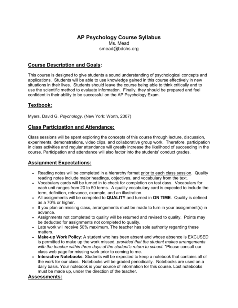 AP Psychology Course Syllabus