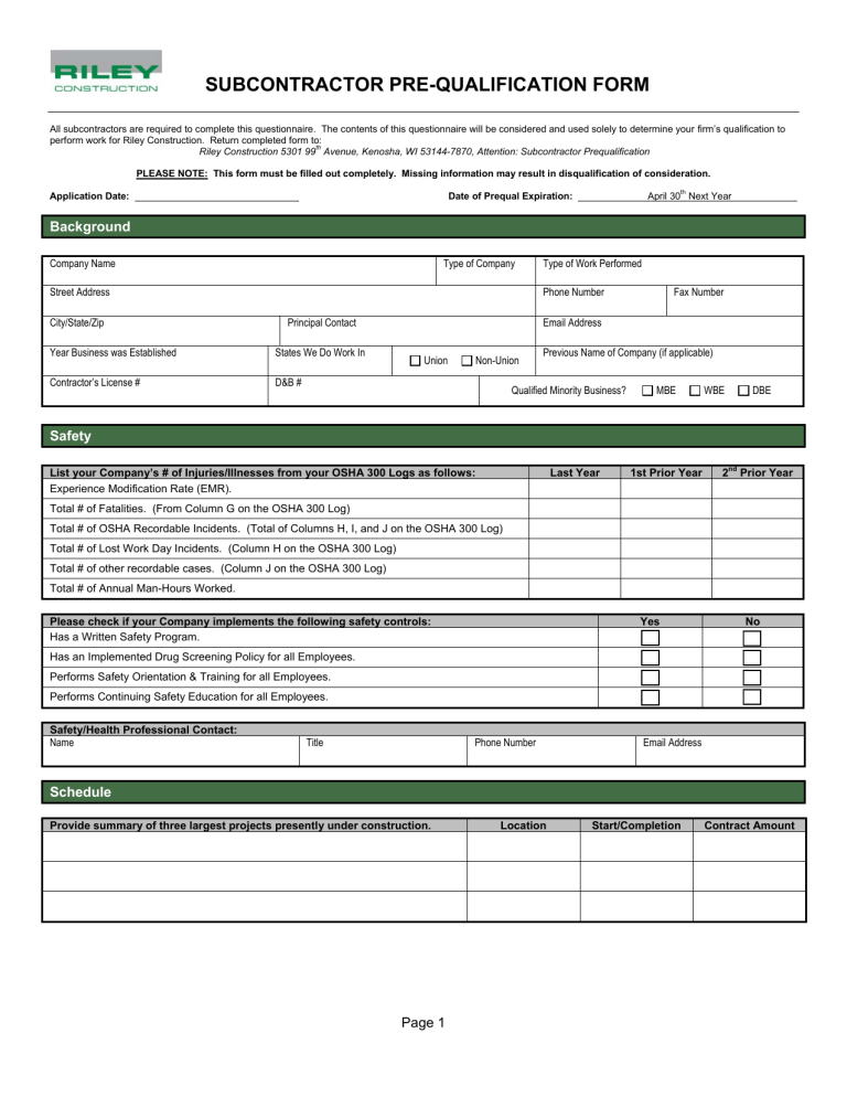 Subcontractor Pre Qualification Form 3140