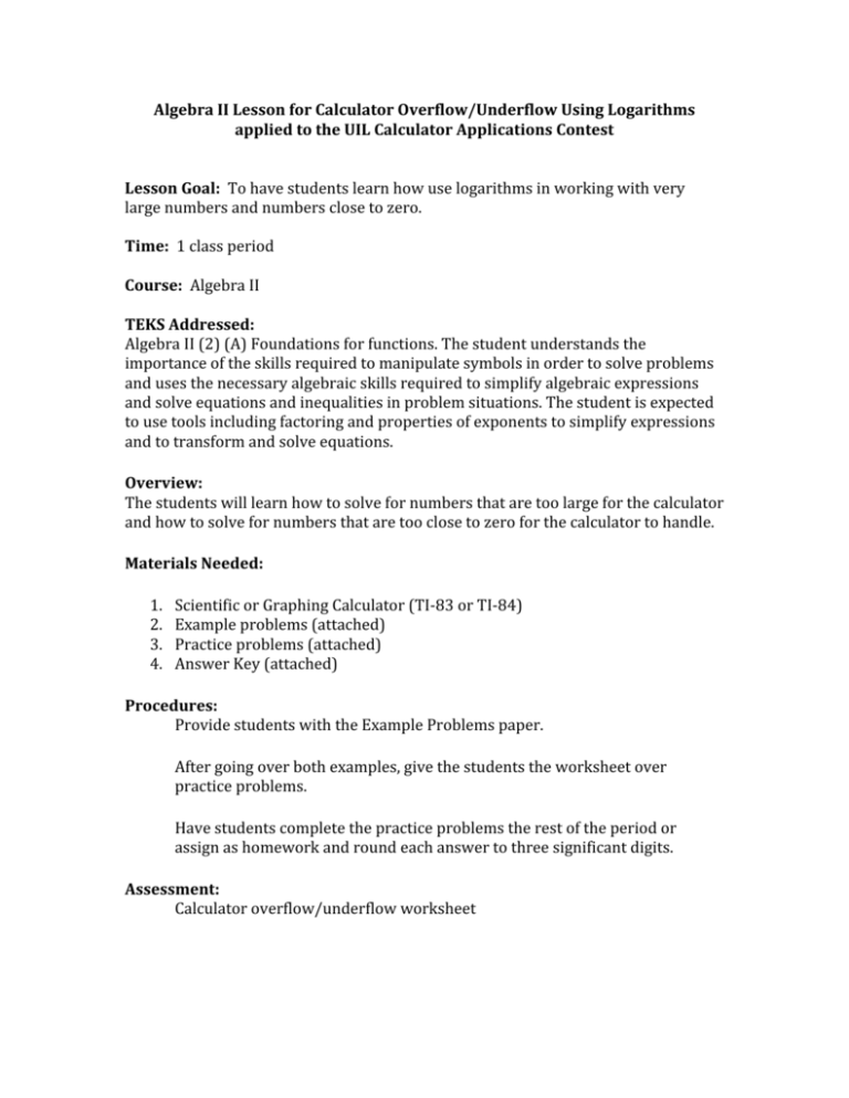 Algebra II Lesson for Calculator Overflow/Underflow Using
