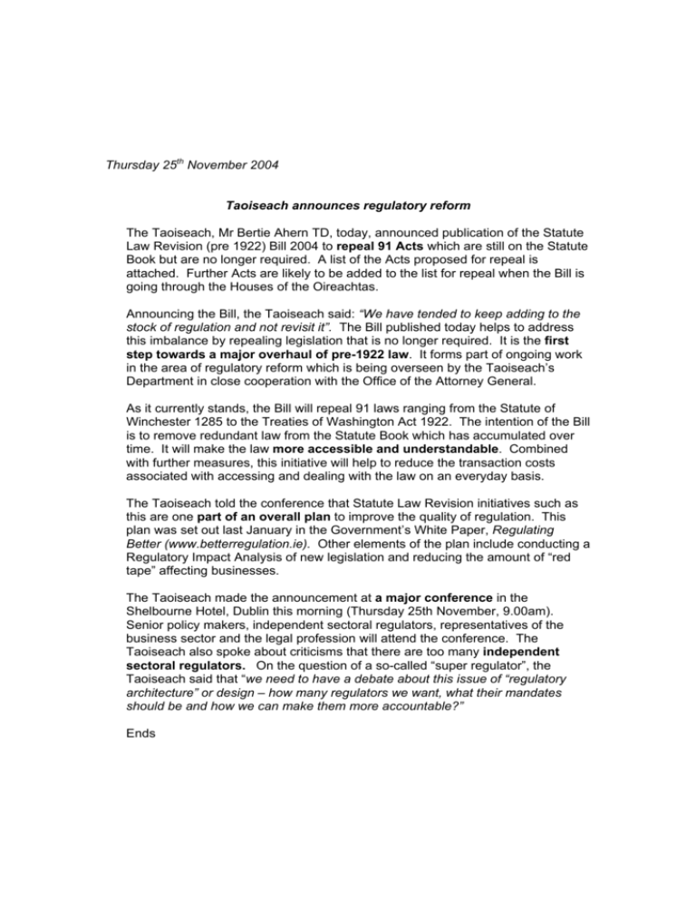 Publications of Statute Law Revision (pre1922) Bill