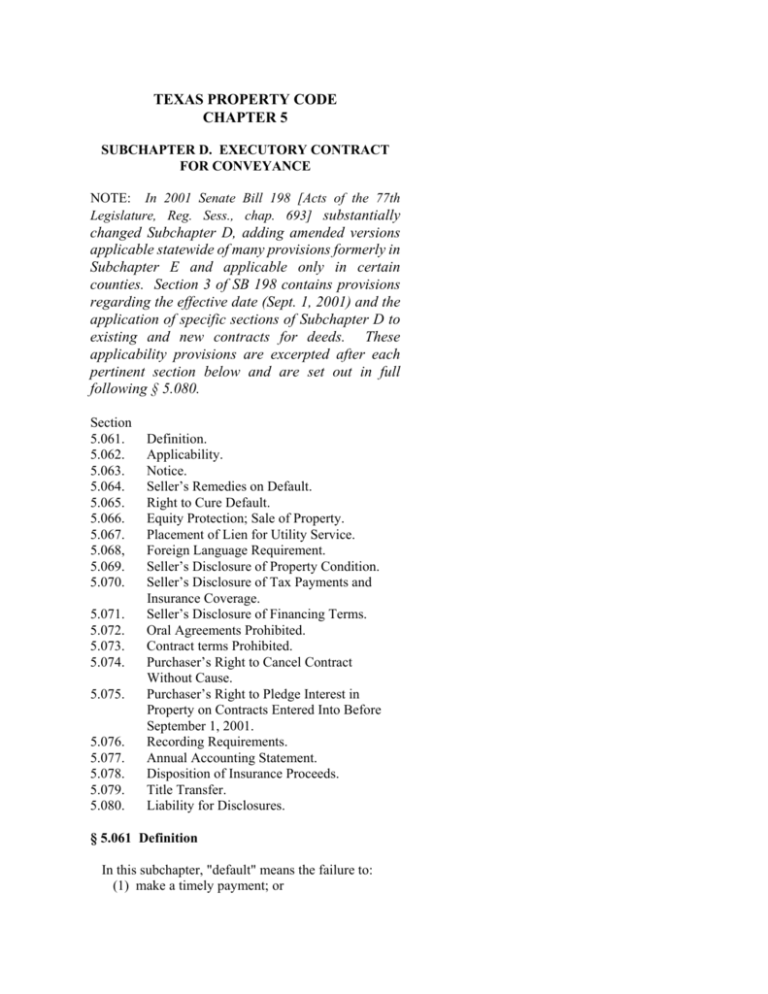 Subchapter D. Executory Contract For Conveyance