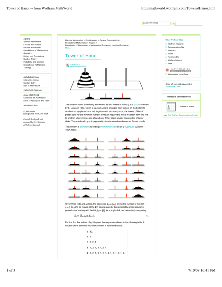 Tower Of Hanoi -- From Wolfram MathWorld