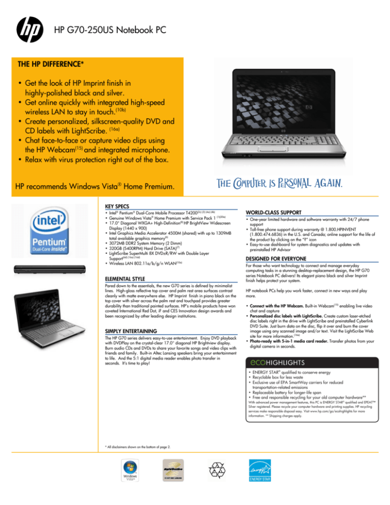 HP G70250US Notebook PC Datasheet
