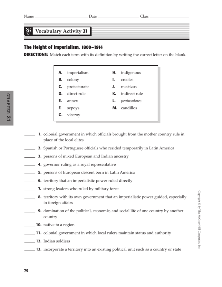 The Height of Imperialism, 1800–1914 2 1 Vocabulary Activity 21