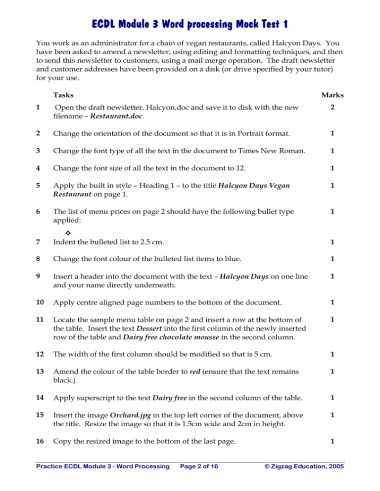 ECDL Module 3 Word processing Mock Test 1