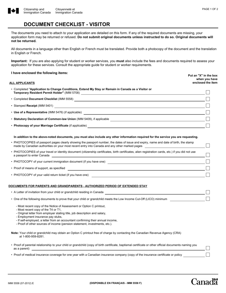 IMM 5558E Document Checklist