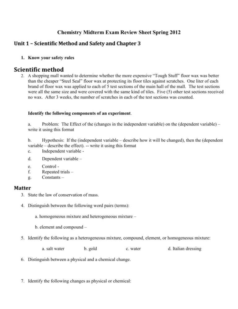 Chemistry Midterm Exam Review Sheet