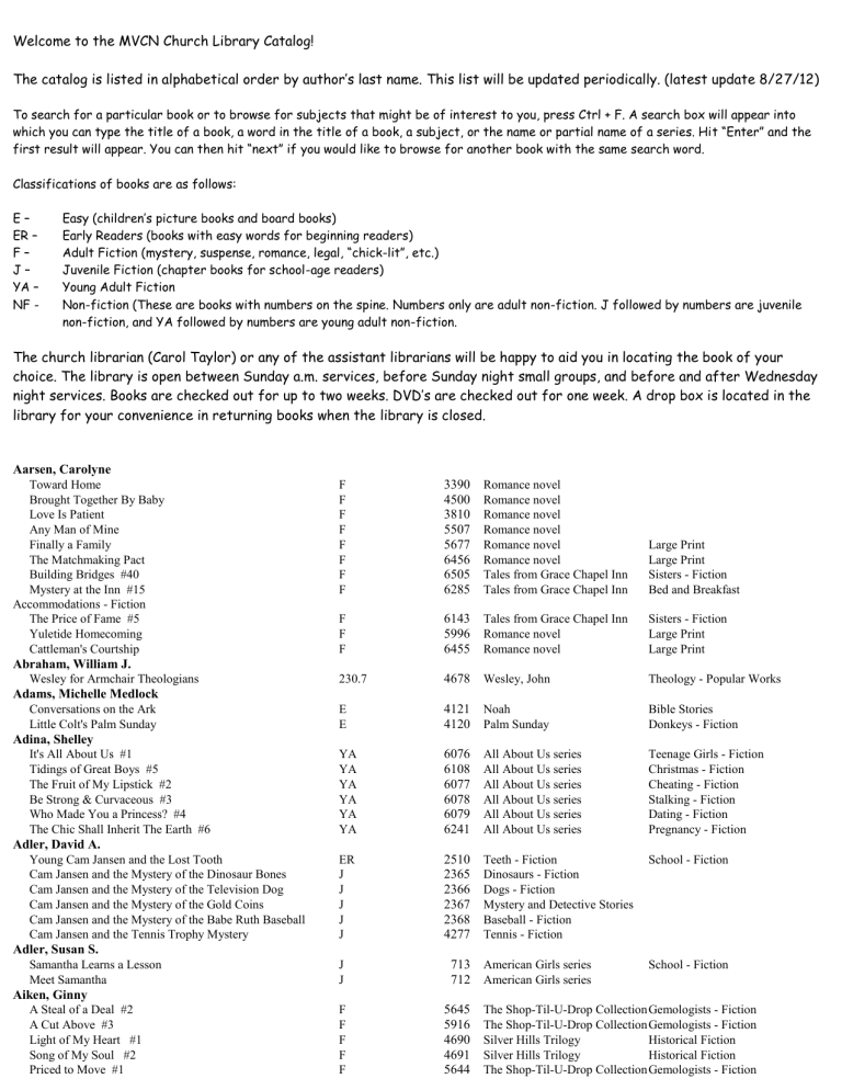 to the MVCN Church Library Catalog