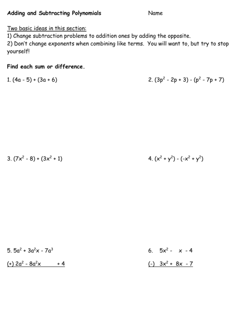 Adding and Subtracting Polynomials