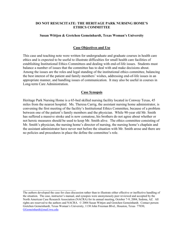 DO NOT RESUSCITATE THE HERITAGE PARK NURSING HOME'S