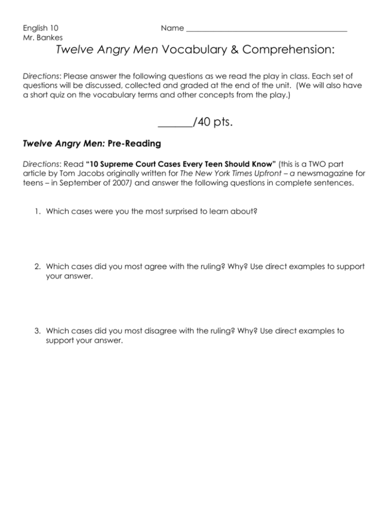 Twelve Angry Men Questions And Answer