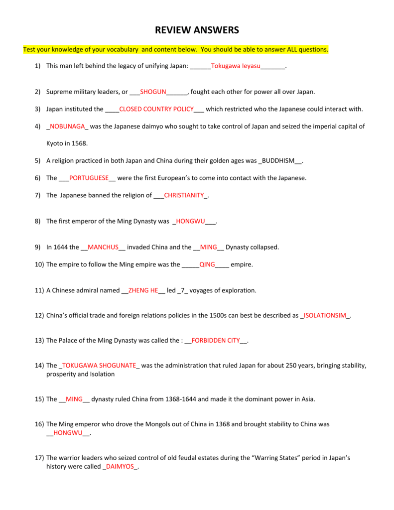 China Japan Quiz Review Answer