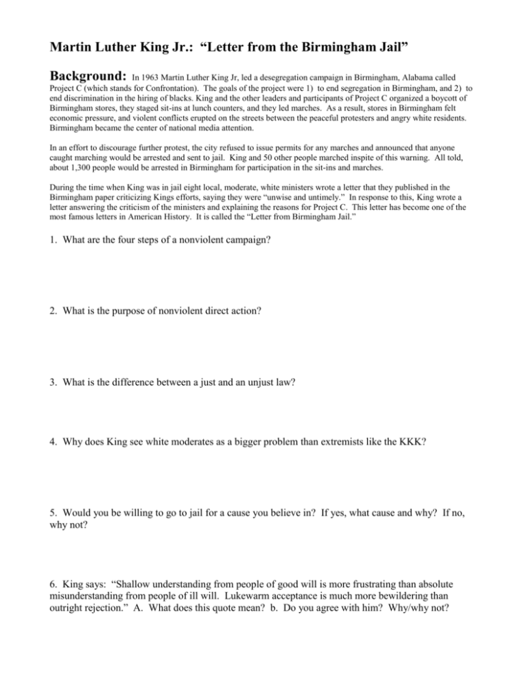 Letter From The Birmingham Jail Assignment Letter from the birmingham jail assignment