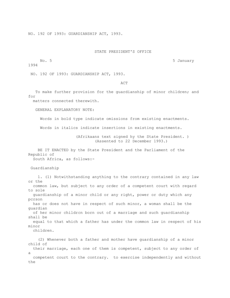 NO. 192 OF 1993 GUARDIANSHIP ACT, 1993. STATE
