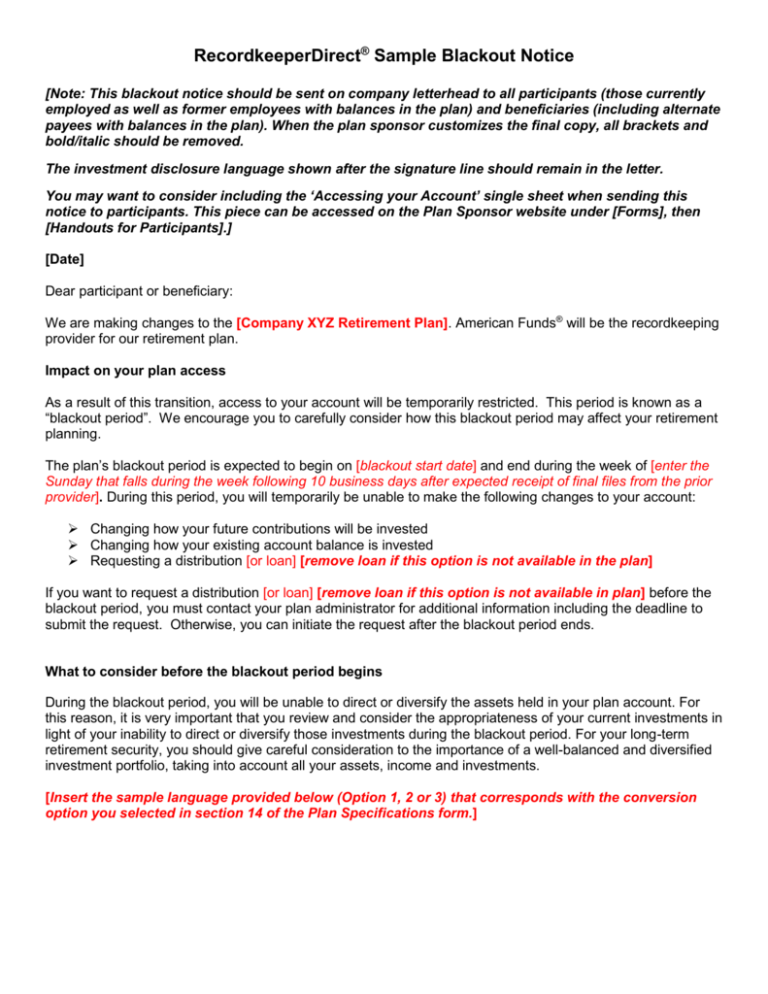 PlanPremier Sample Transition Letter