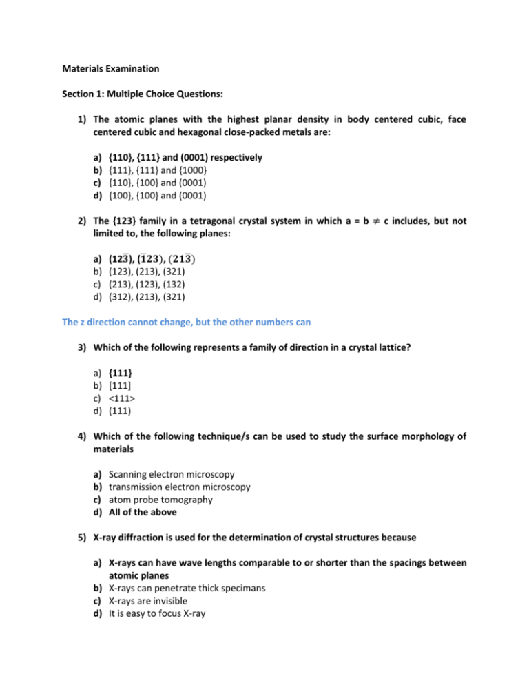 Materials Examination Section 1: Multiple Choice Questions: The