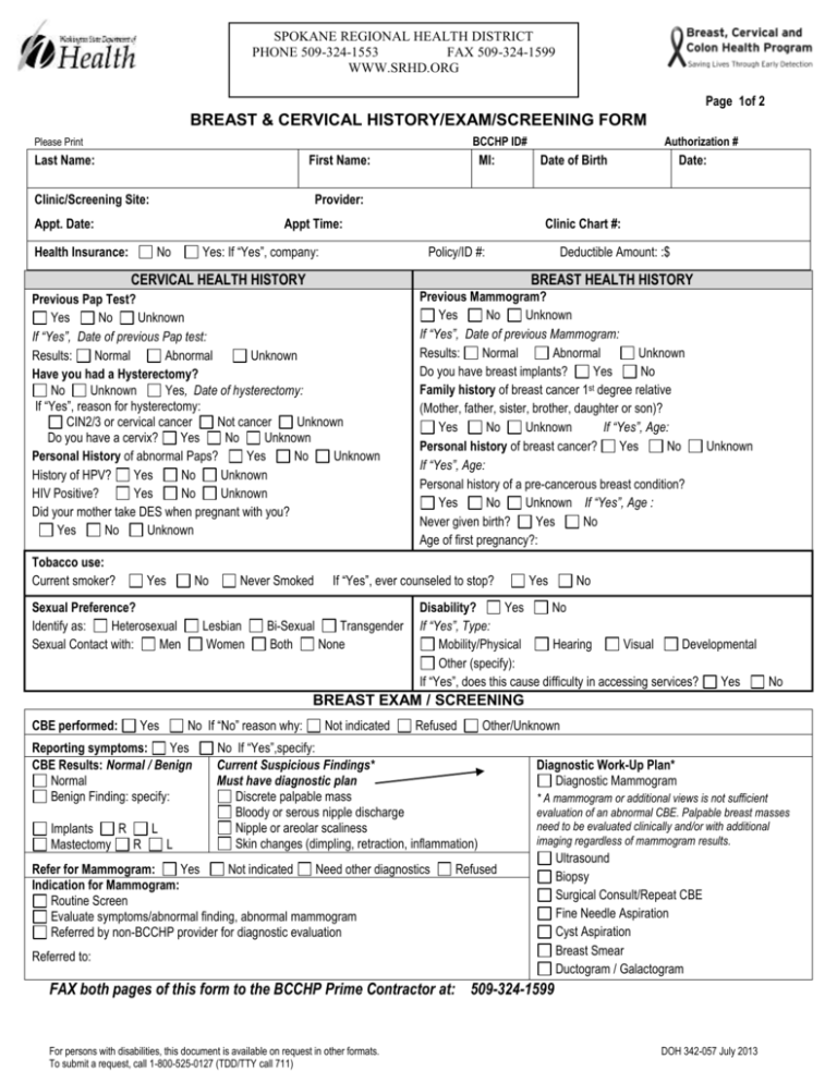 BCCHP Breast & Cervical History/Exam/Screening Form