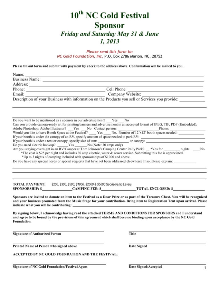 Sponsorship Application PDF North Carolina Gold Festival