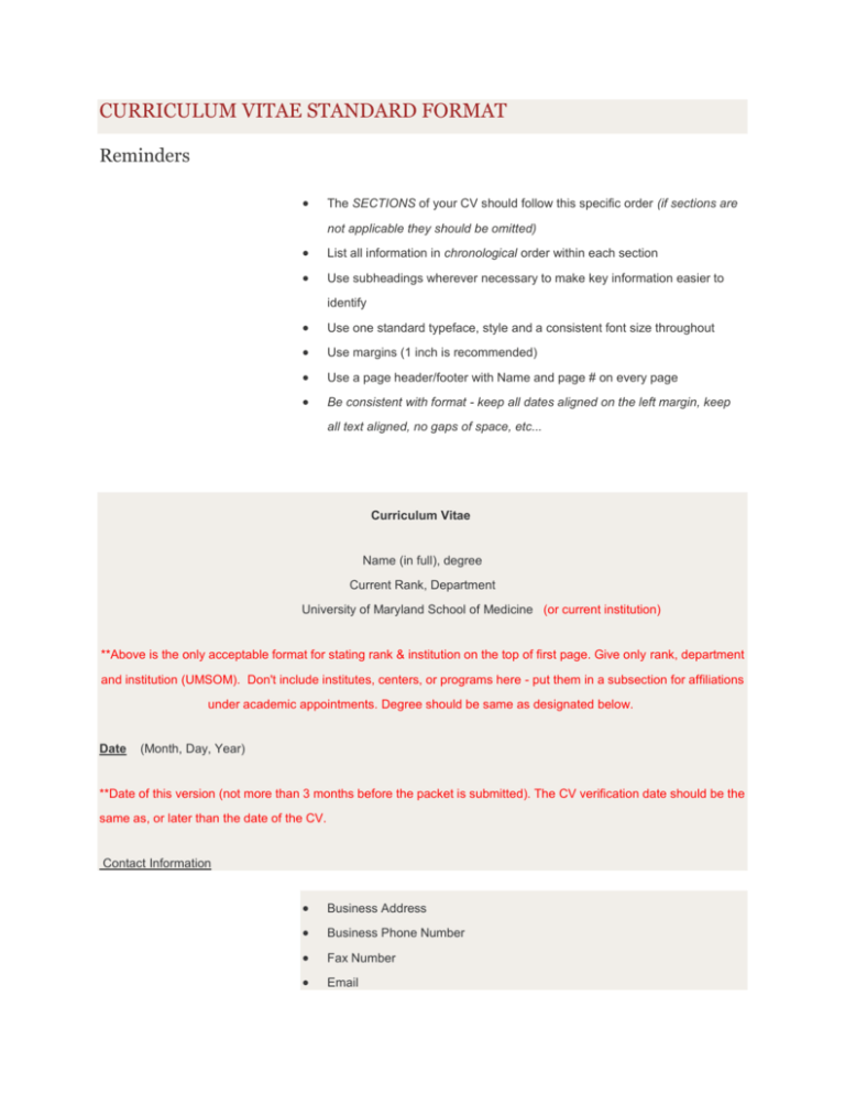 Curriculum Vitae Standard Format Template