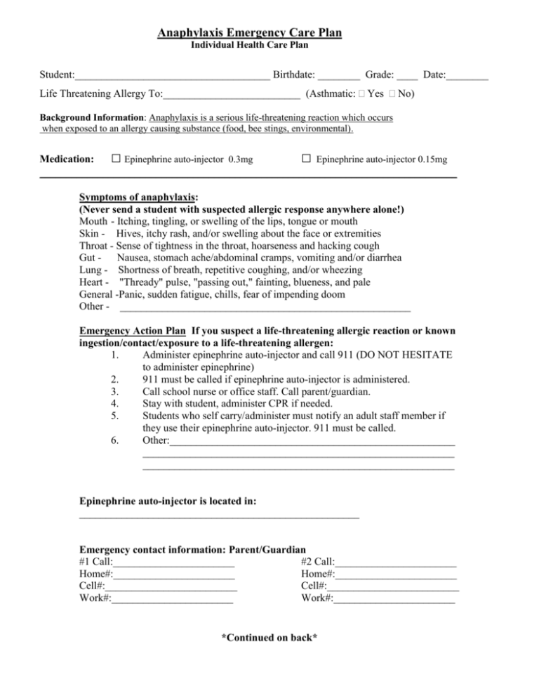 Anaphylaxis Emergency Care Plan