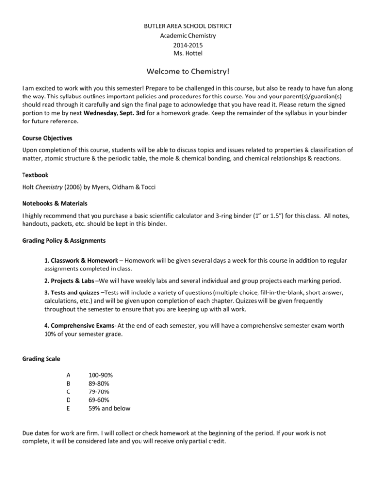 Academic Chemistry Syllabus Butler Area School District