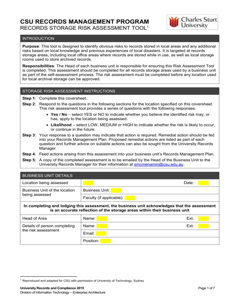 Records storage risk assessment tool