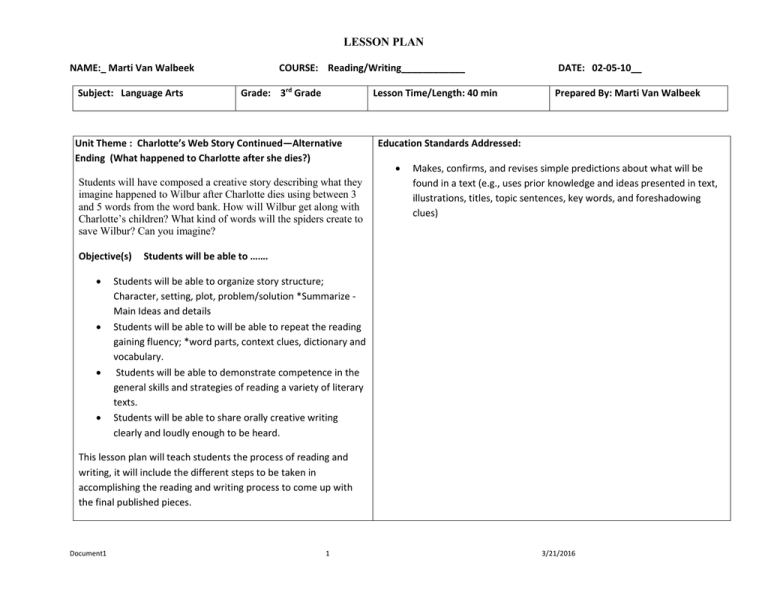 reading langauge arts lesson plan charlotte s web