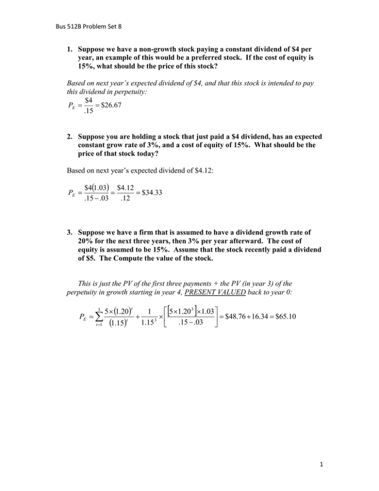 Stock Valuation Problem Set: Dividend Discount Model