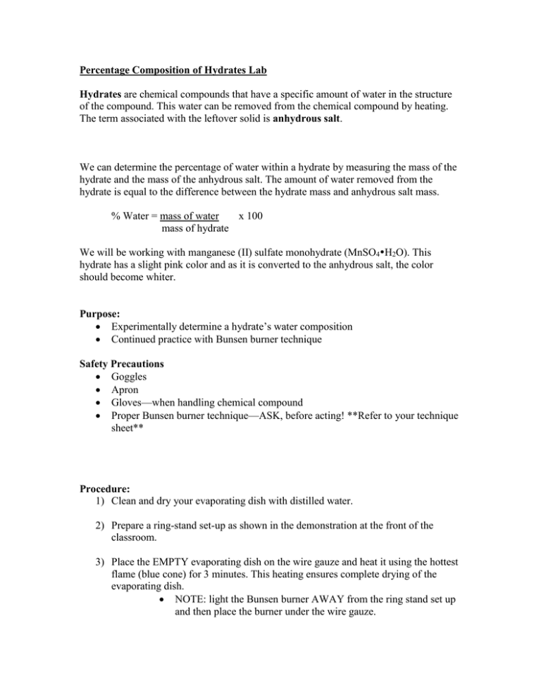 Percentage Composition of Hydrates Lab Hydrates are chemical