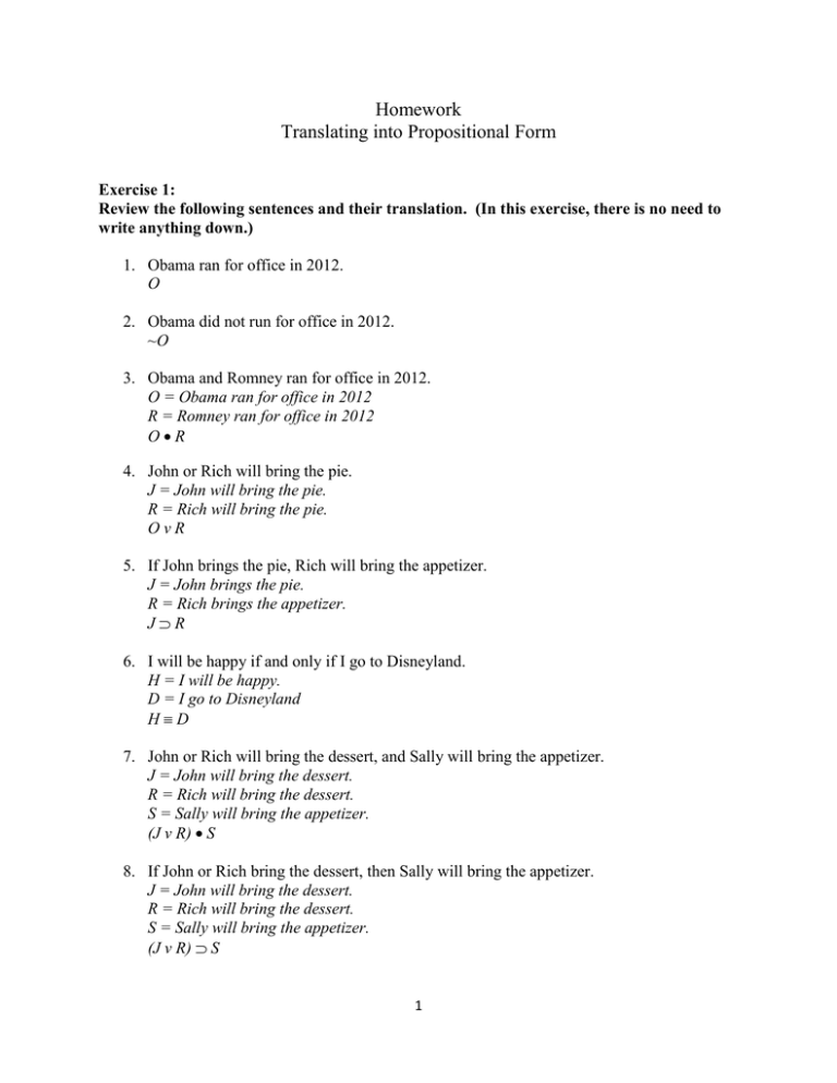 Propositional Logic Homework: Translation Exercises